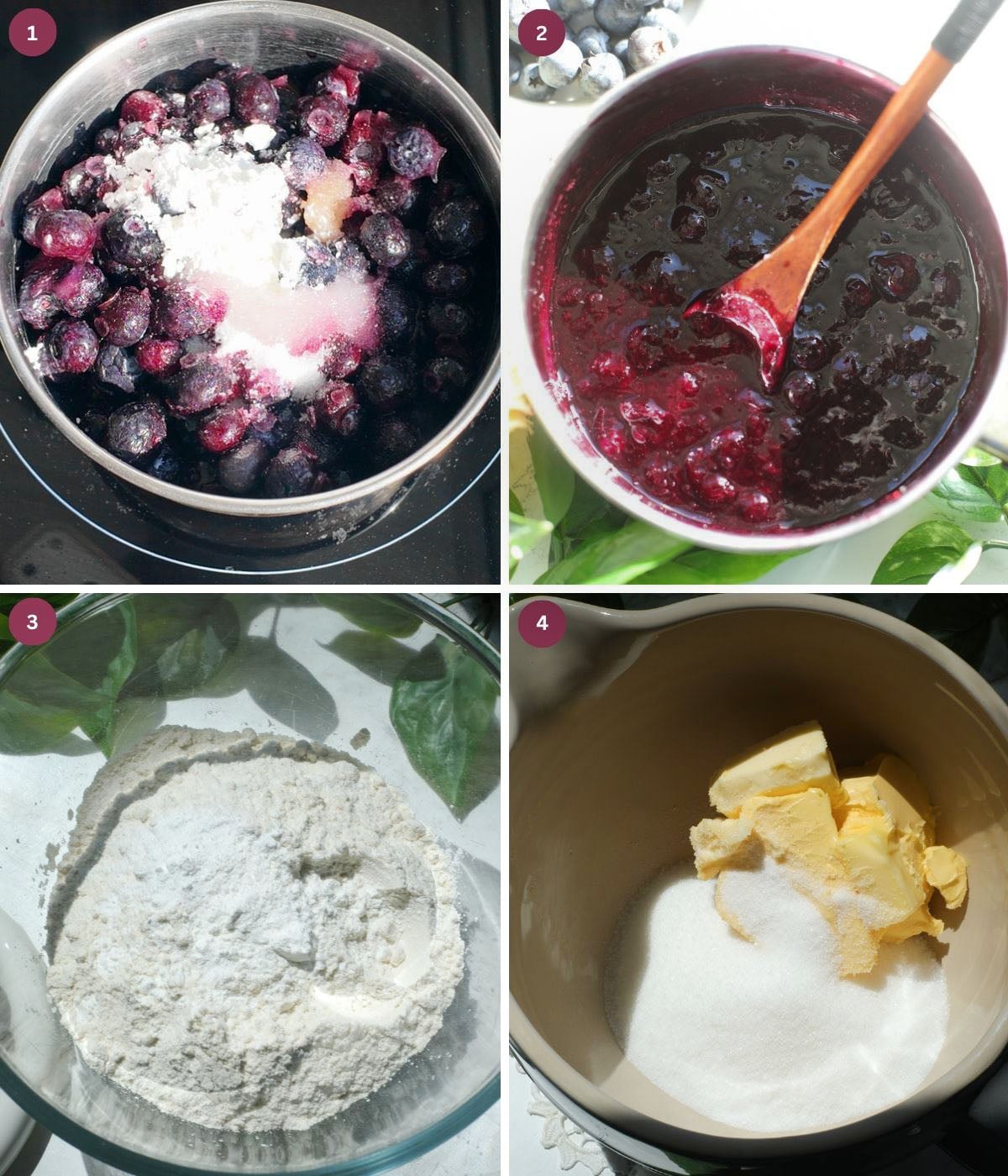 Frozen blueberries and cornstarch cooked in a pot. Flour and butter.