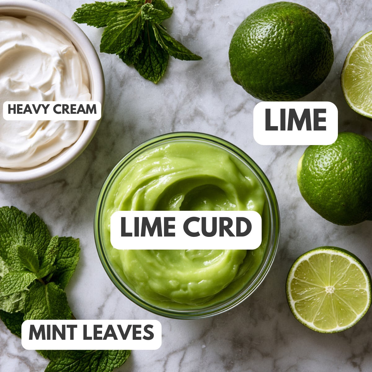Heavy cream, lime, lime curd, and mint leaves.