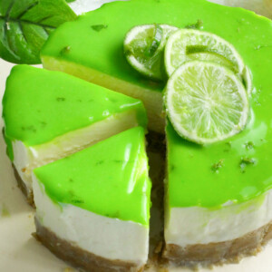 Lime cheesecake with lime curd topping on a cream board.