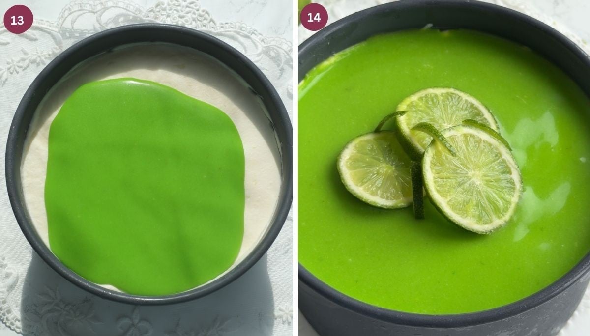 Lime cheesecake with lime slices on top.