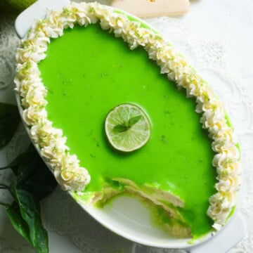 Lime tiramisu in a white dish.