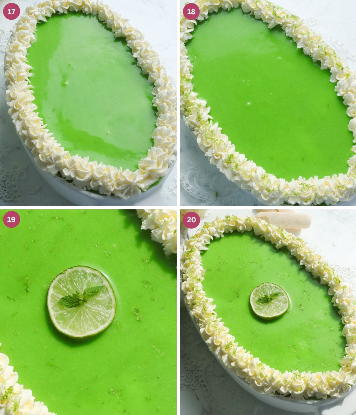 Lime tiramisu with whipped cream, lime zest, lime and mint leaf.