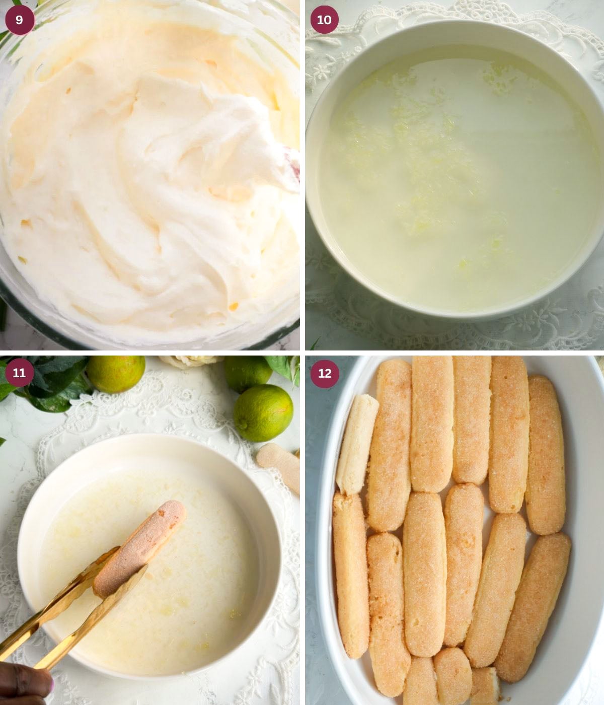 Mascarpone filling, lime and rum soak and ladyfingers in a dip.