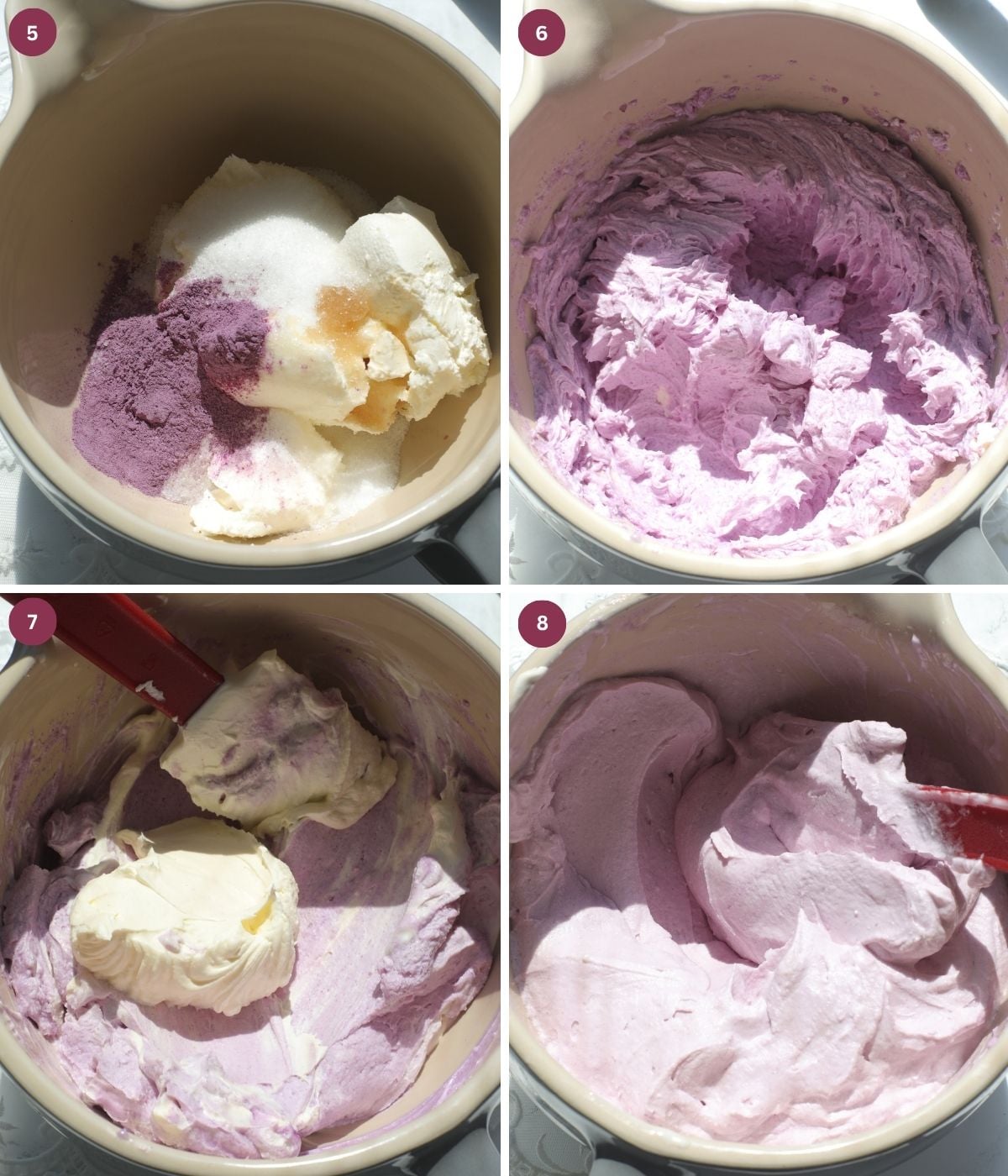 Mascarpone, heavy cream, sugar and ube whisked in a bowl.