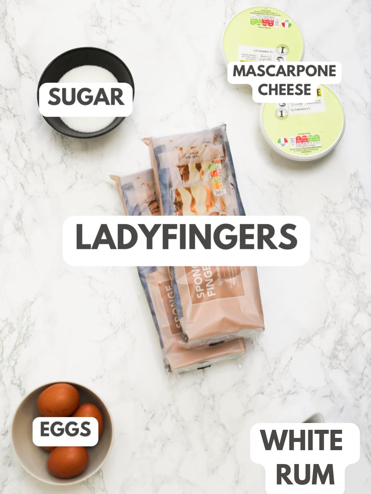 Sugar, mascarpone, ladyfingers, eggs and white rum.