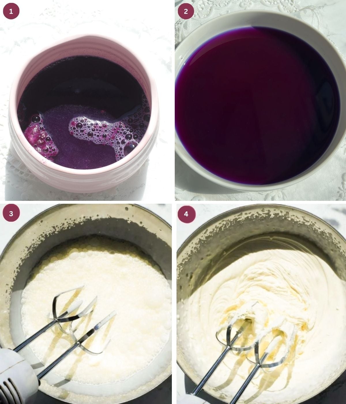 Ube and water in a bowl. Heavy cream whisked in a bowl.