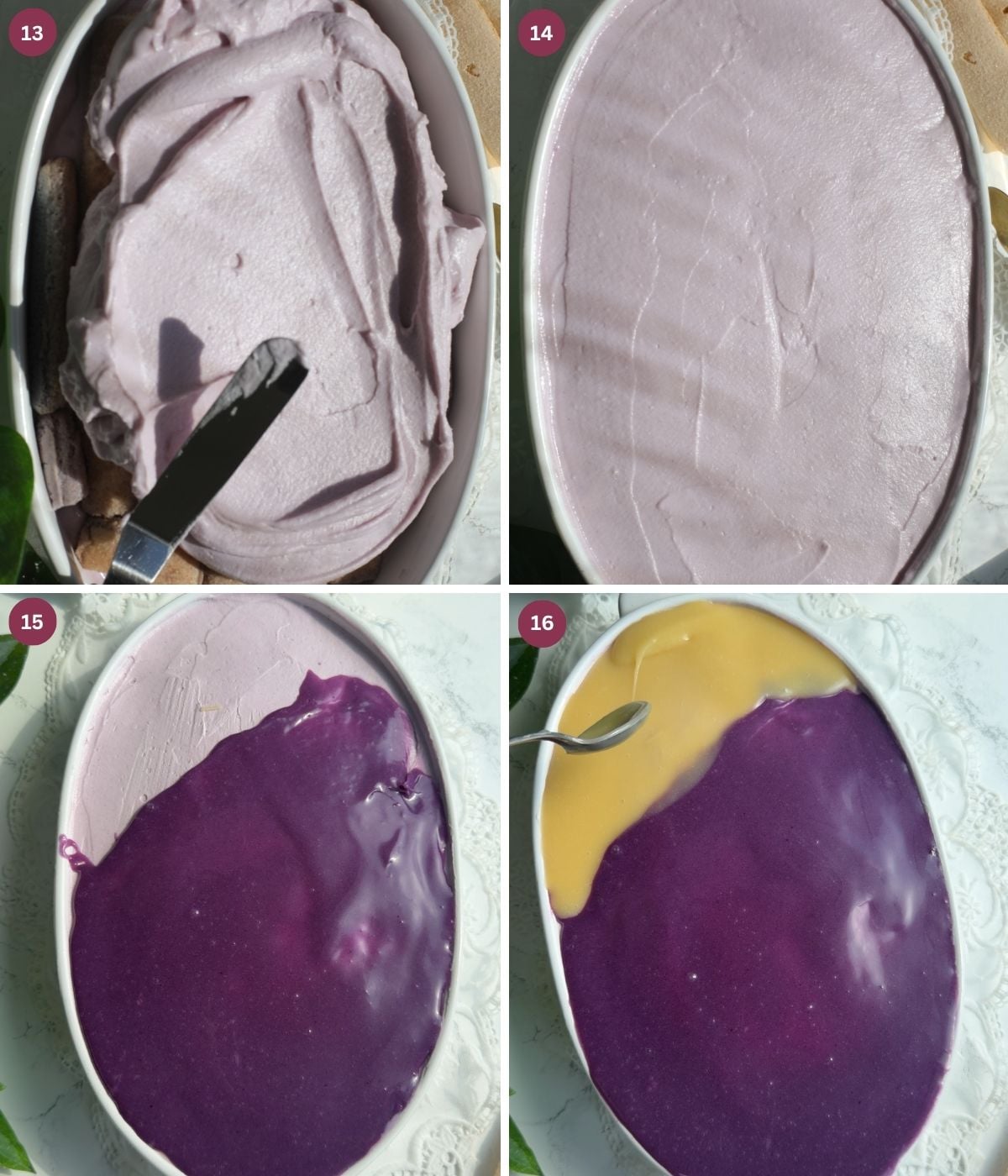 Ube dessert with ube ganache on top and white chocolate hanache.