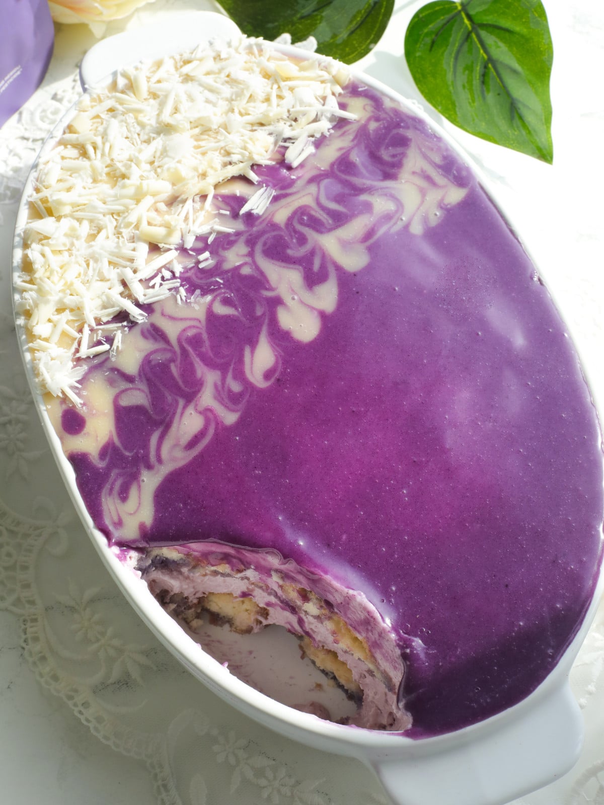 Ube infused tiramisus in a oval white dish.