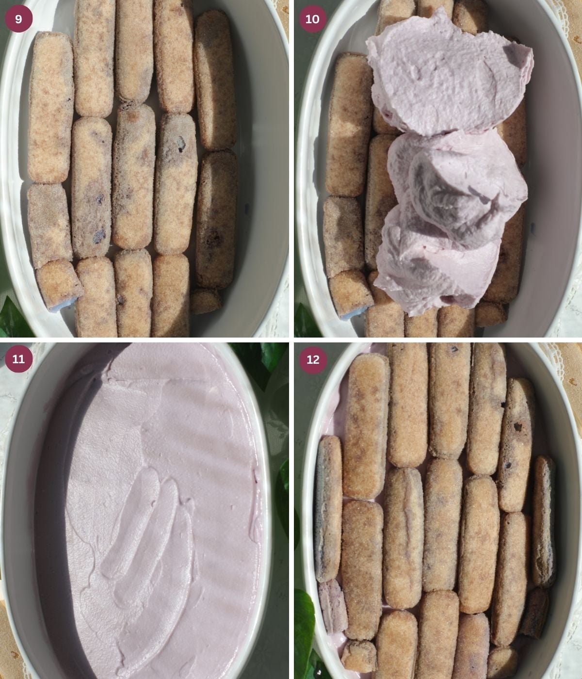 Ube soaked ladyfingers and ube mascarpone filling layered in a dish.