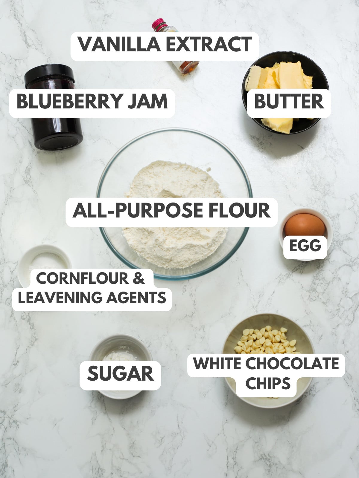Vanilla, butter, flour, blueberry jam, egg and white chocolate chips.
