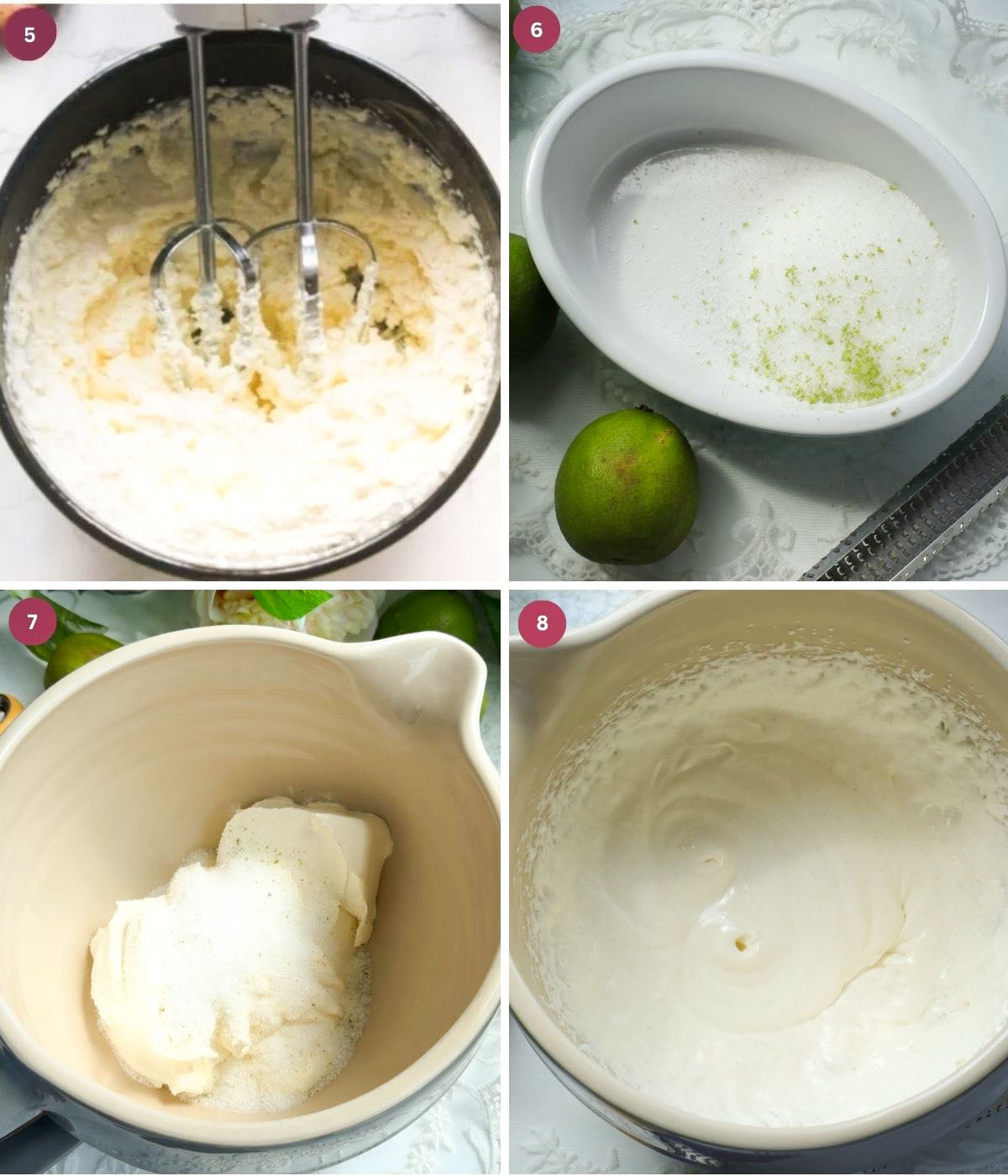 Whipped cream, lime sugar and cream cheese in a bowl.