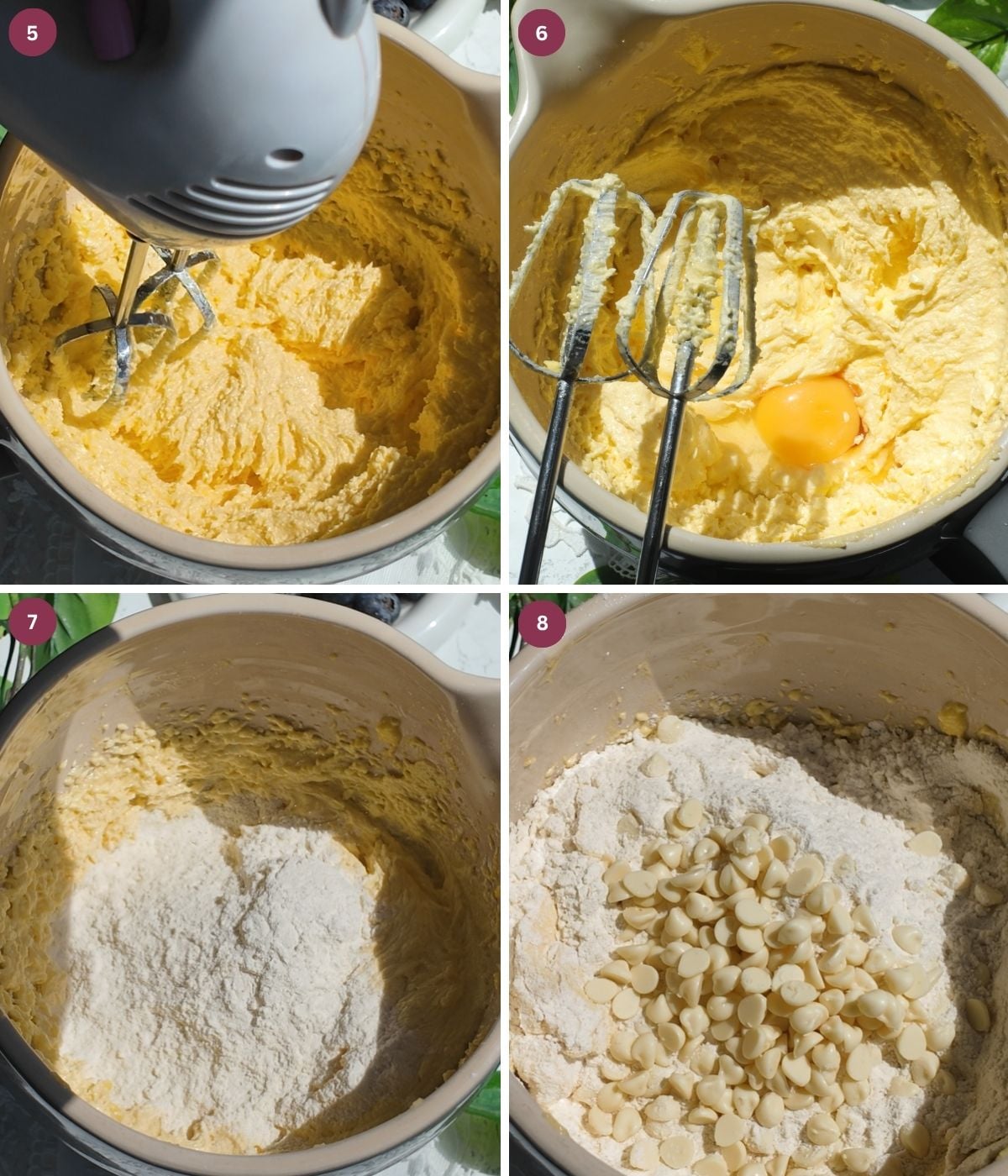 Whisk butter and egg. Flour, butter and white chocolate chips in a bowl.