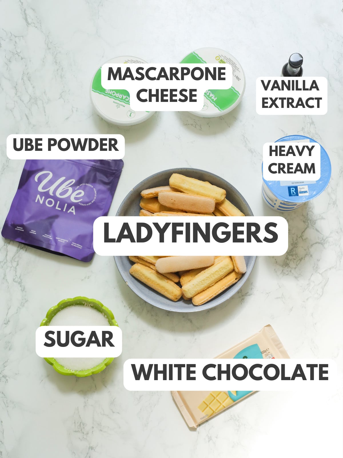 heavy cream, ladyfingers, sugar, ube, mascarpone and white chocolate.