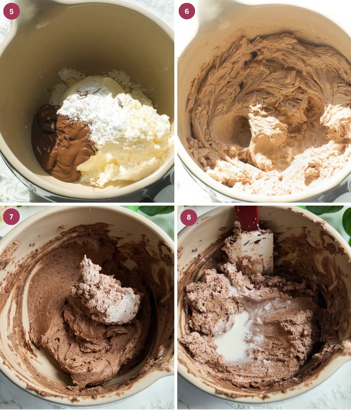 Chocolate mascarpone, chocolate whipped cream and milk in a bowl.