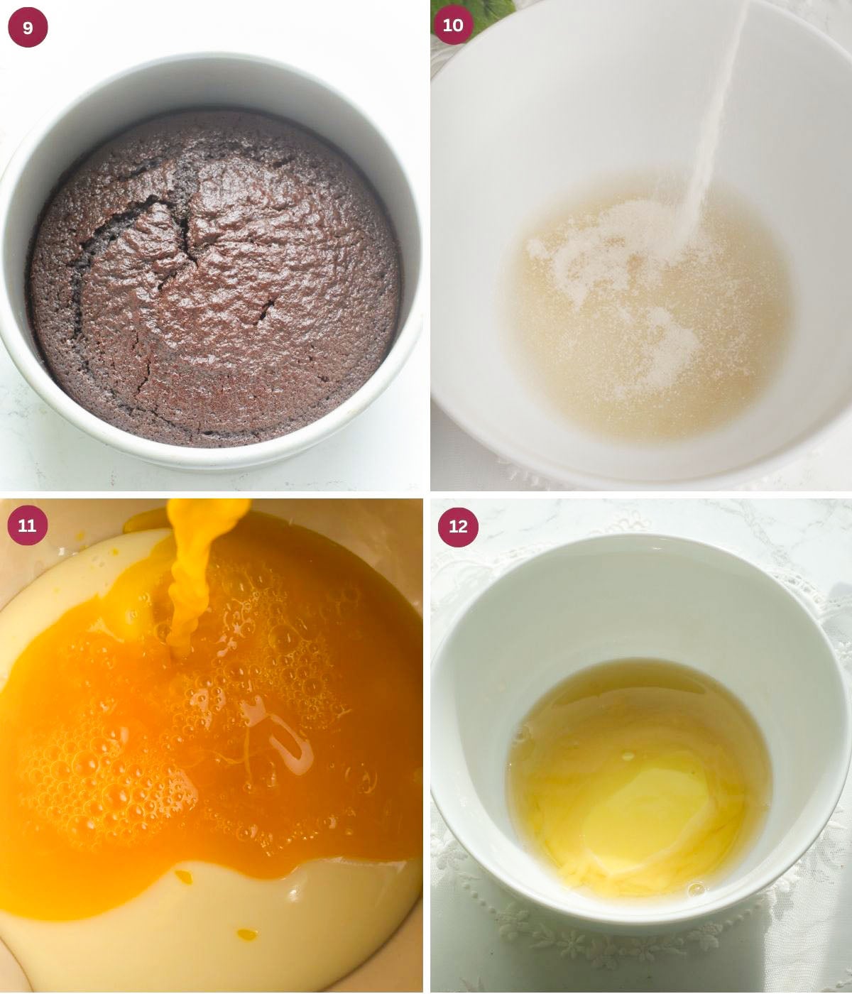 Chocolate cake, gelatin and passion fruit juice in a bowl.