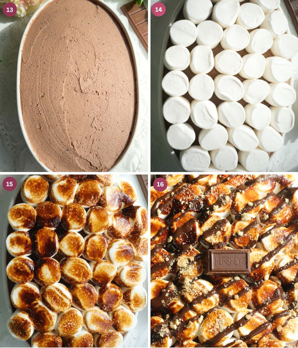 Chocolate mascarpone and toasted marshmallows in a dish.