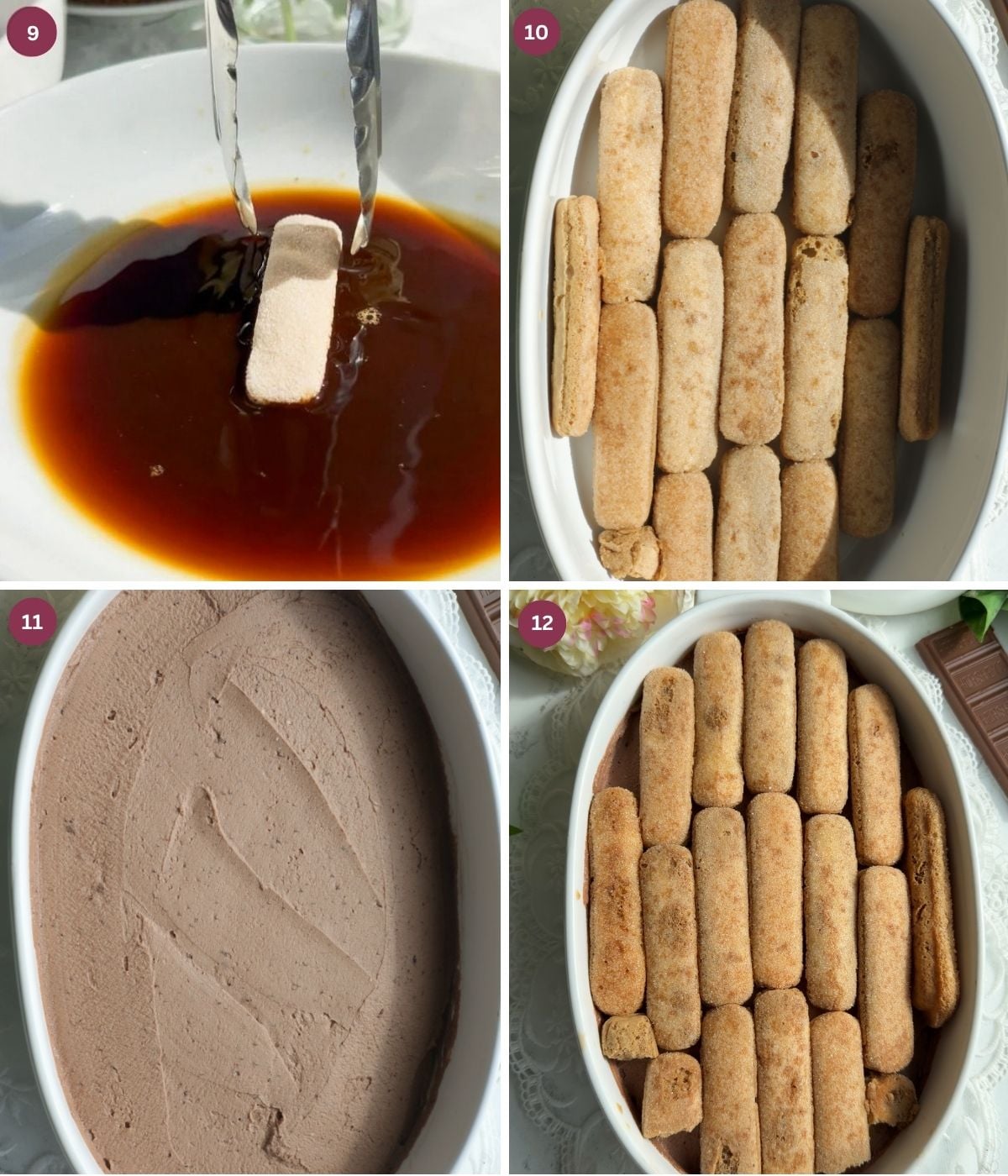 Coffee ladyfingers and chocolate mascarpone in a dish.