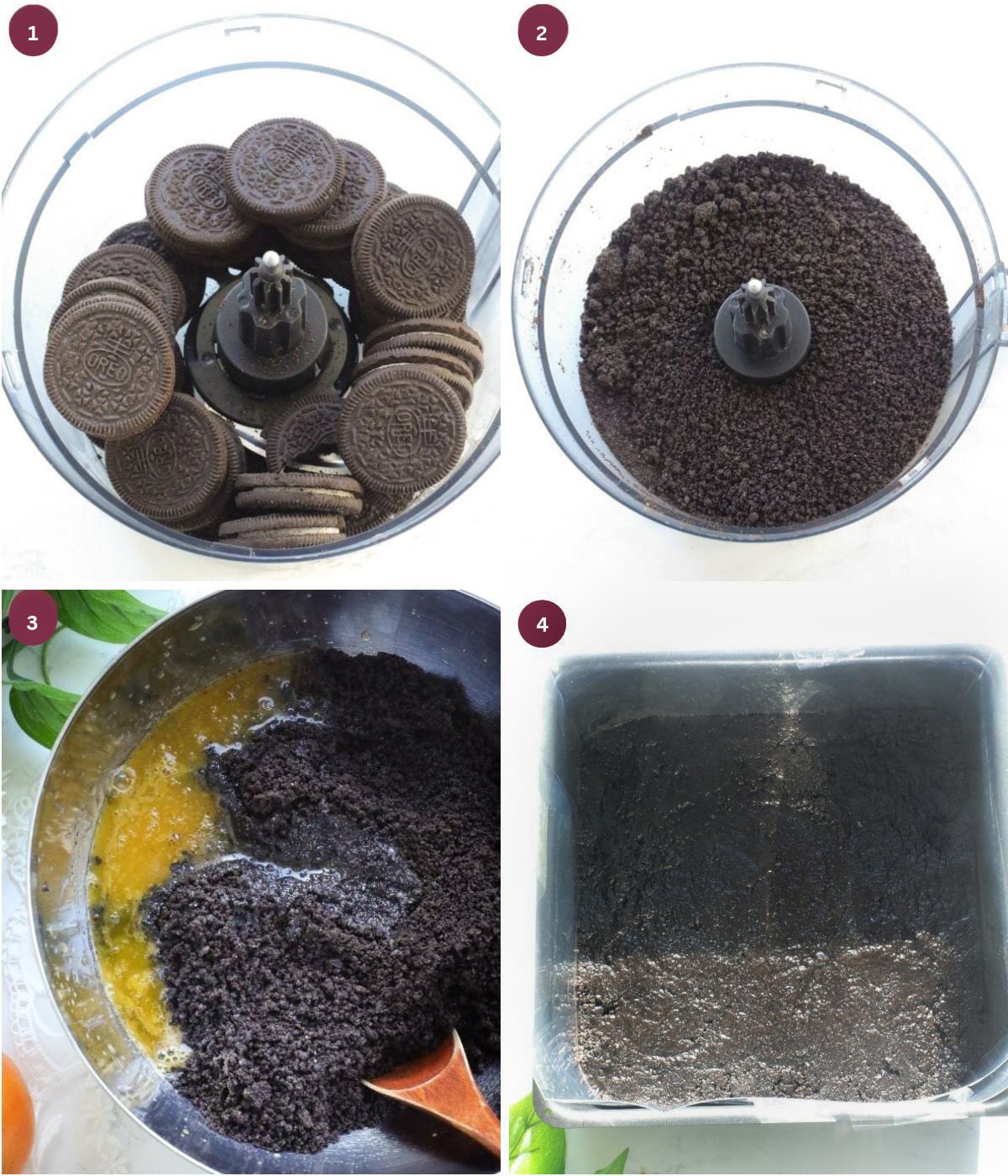 Crushed Oreos combined with melted butter in a tin.