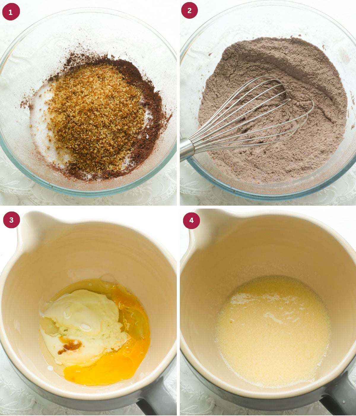Flour, sugar and cocoa powder in a bowl. Egg, buttermilk in anot