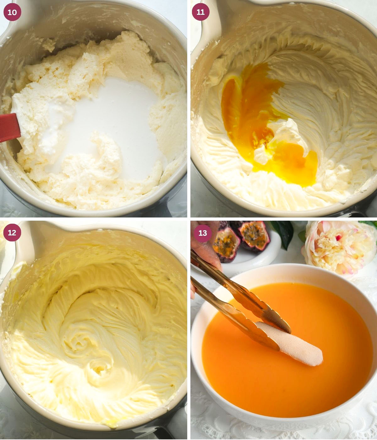 Mascarpone, coconut milk, passionfruit syrup in a bowl.