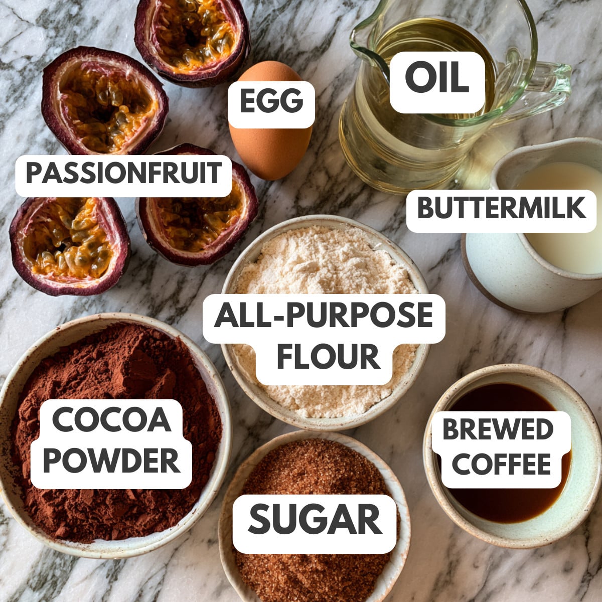 Passionfruit, egg, oil, buttermilk, flour, sugar and coffee.