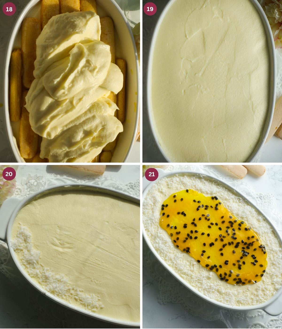 Passionfruit soaked ladyfingers and mascarpone in a dish topped.