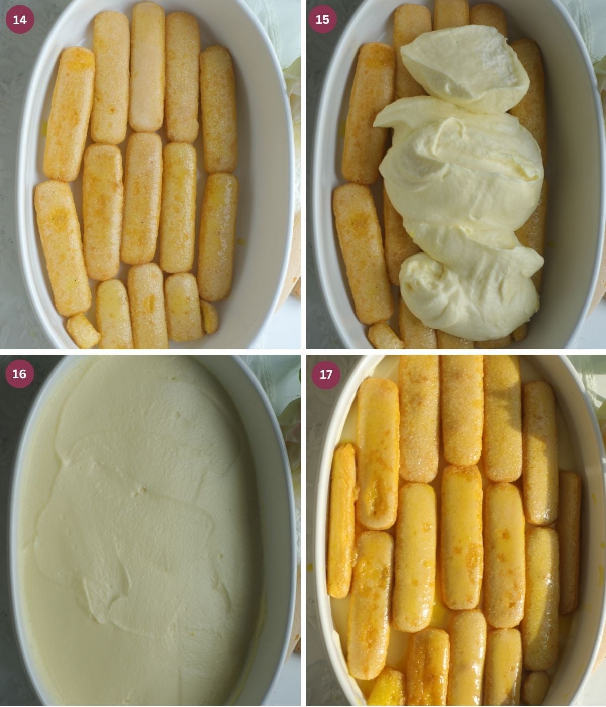 Passionfruit soaked ladyfingers and mascarpone layered in a dish.