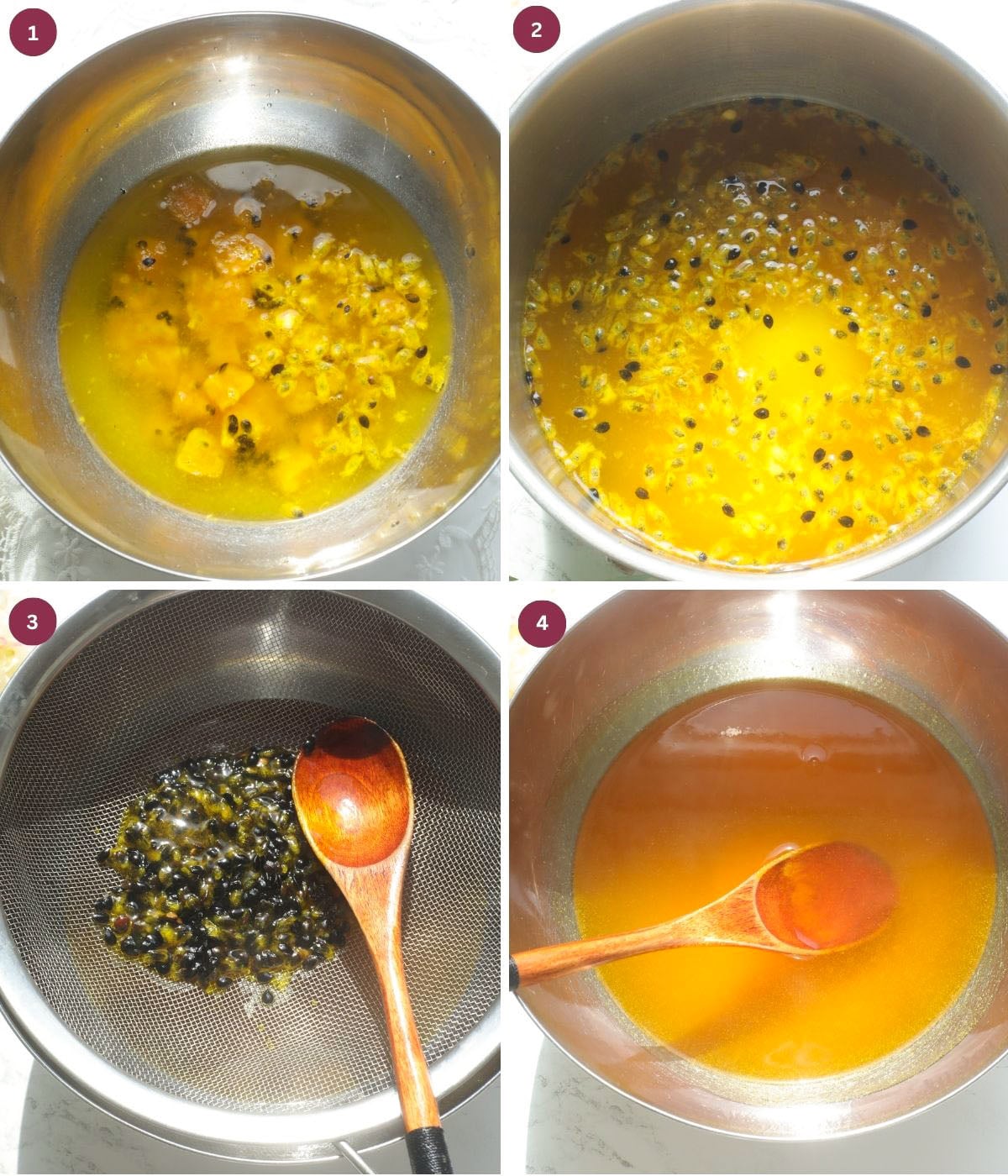 Passionfruit syrup soaked and strained in a bowl.