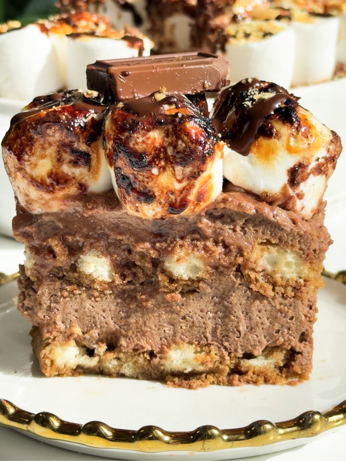 S'moremisu slice on a gold plate.