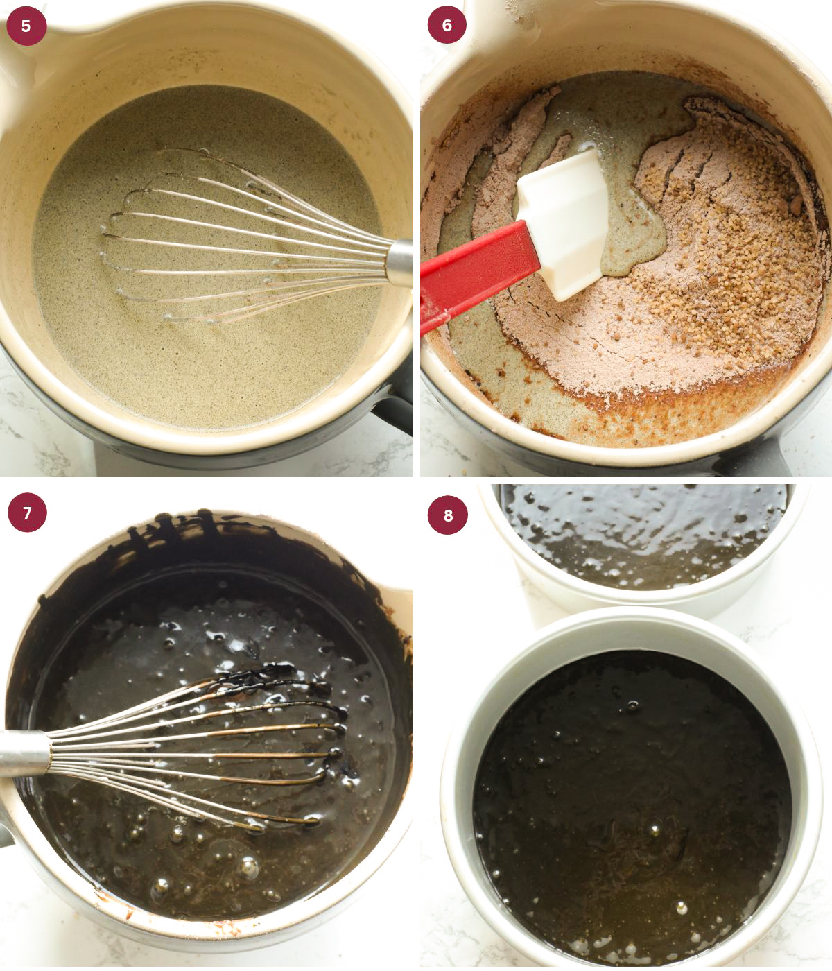 Black cake batter mixed in a bowl.