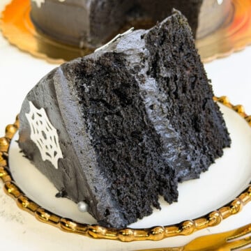 Black cake on a plate.