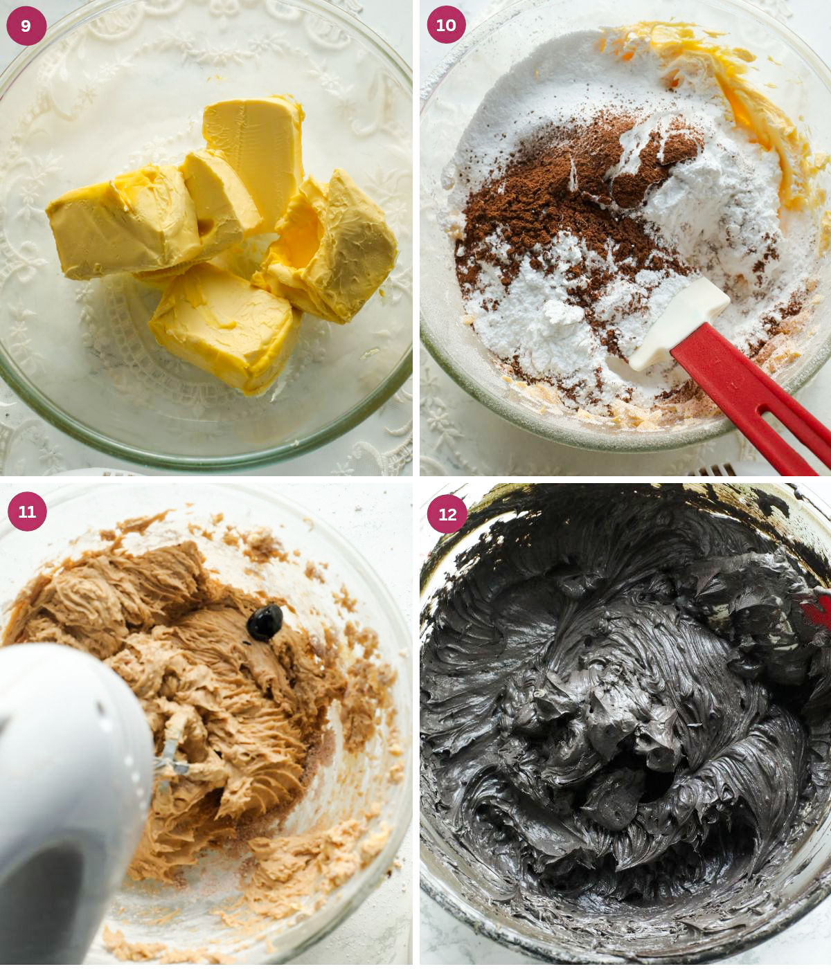 Black chocolate frosting mixed in a bowl.