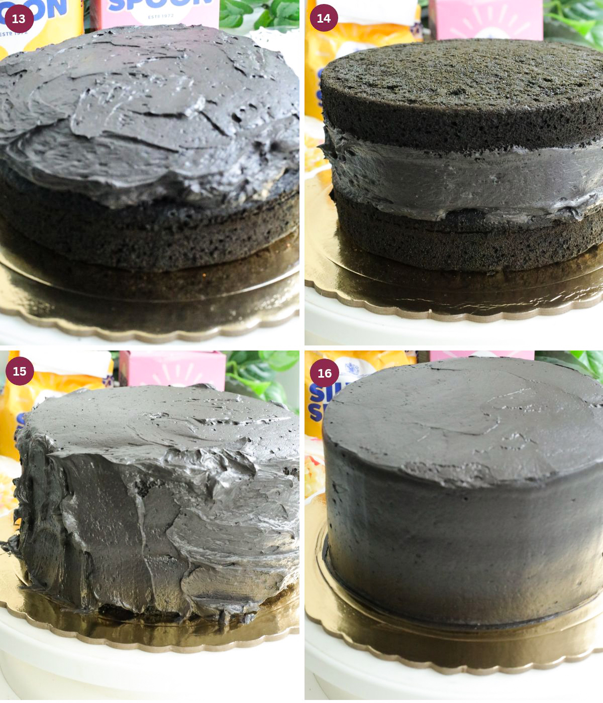 Black frosting frosted on black cake.
