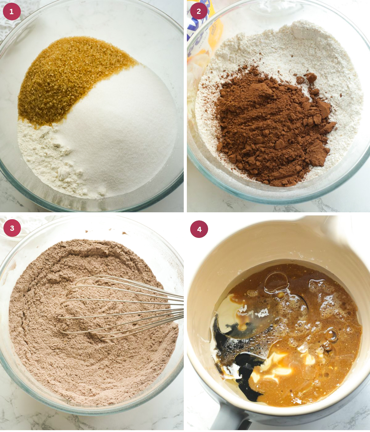 Flour, sugar, cocoa powder mixed in a bowl. Eggs, oil, black coloring and sour cream in a bowl.
