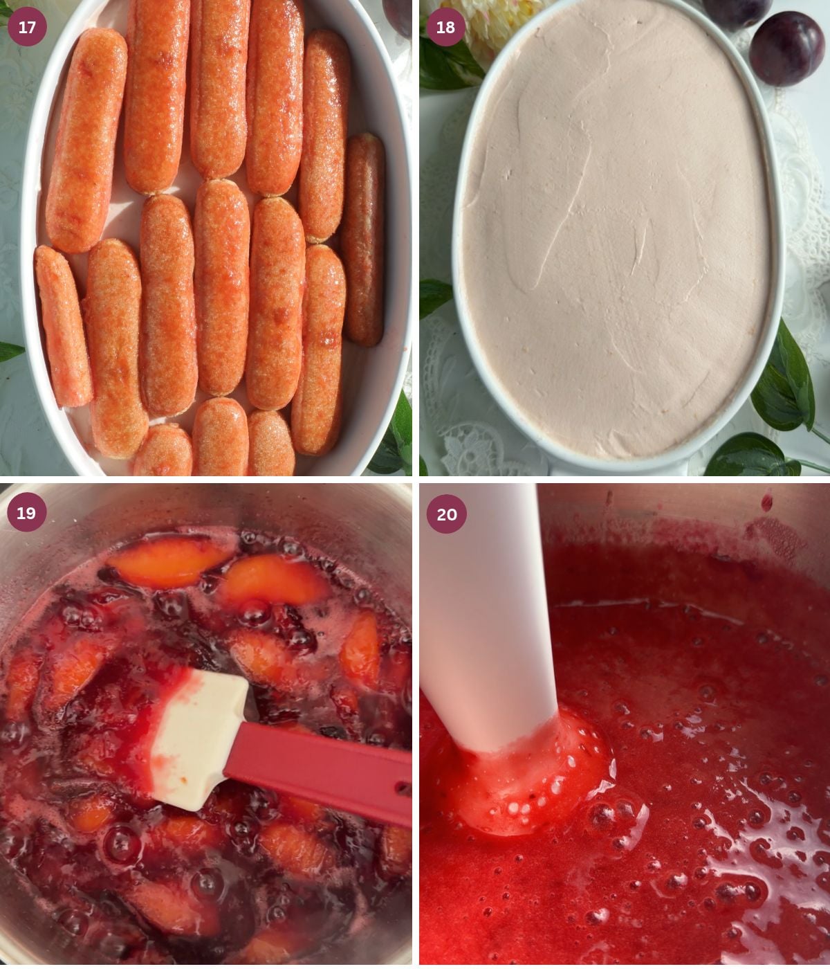 Plum soaked ladyfingers layered in a dish with mascarpone and plum sauce.