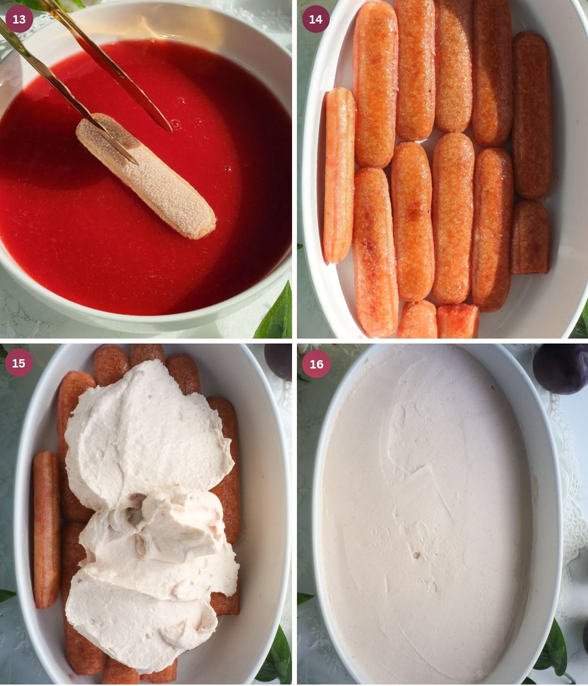 Plum soaked ladyfingers layered in a dish with mascarpone.