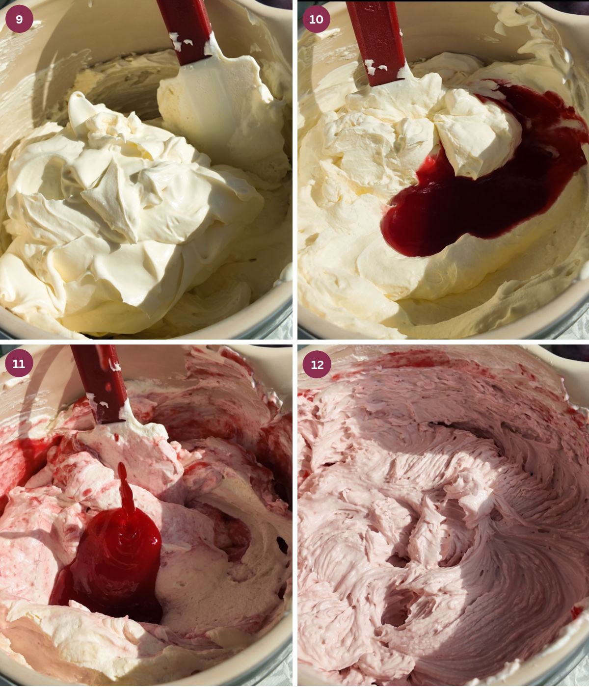 Plum syrup and mascarpone filling folded in a bowl.