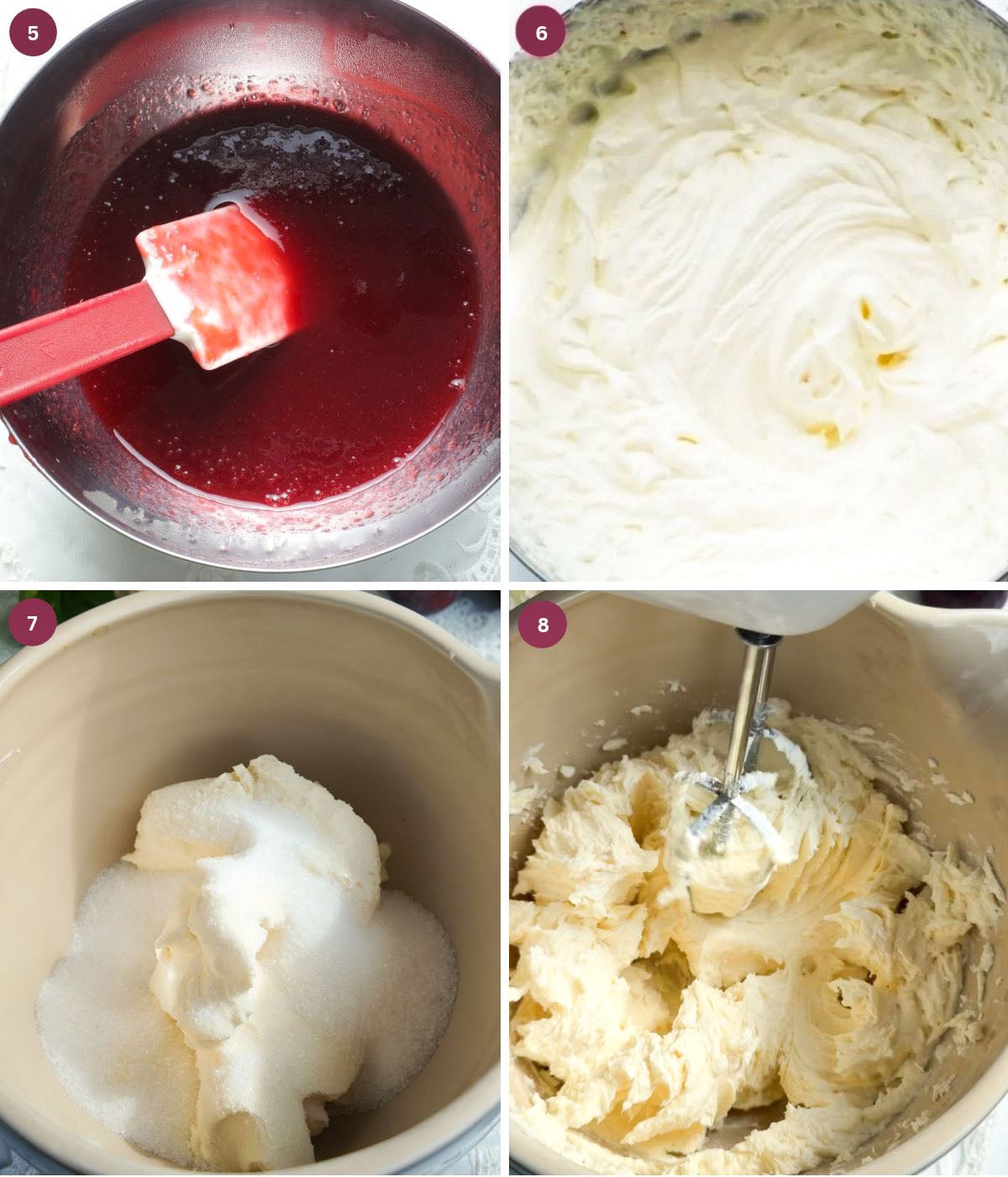 Plum syrup, whipped cream, mascarpone and sugar mixed in a bowl.